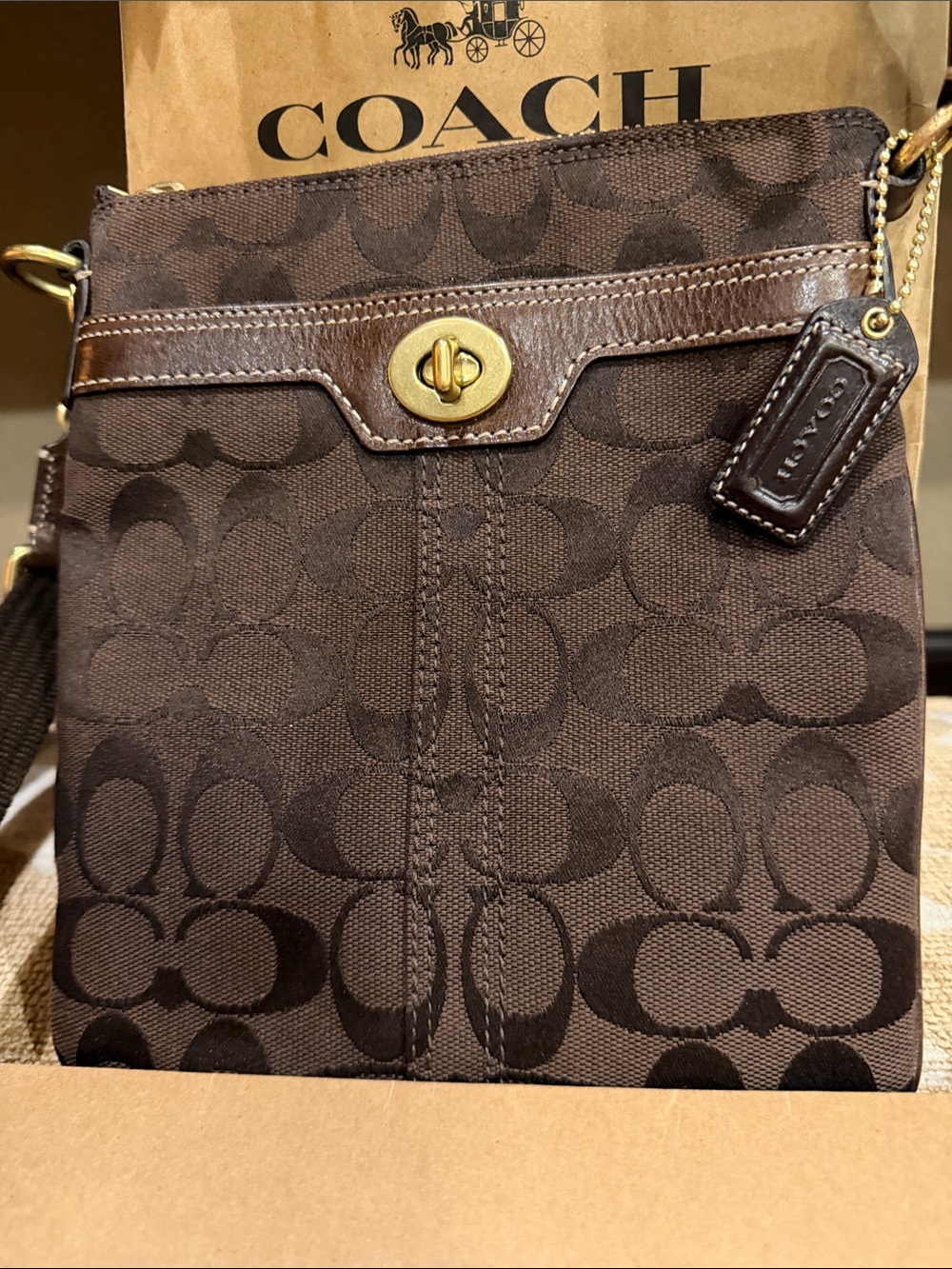 Coach Brown Signature Messenger Crossbody Bag with Gold-Tone Hardware - Picture 2 of 11